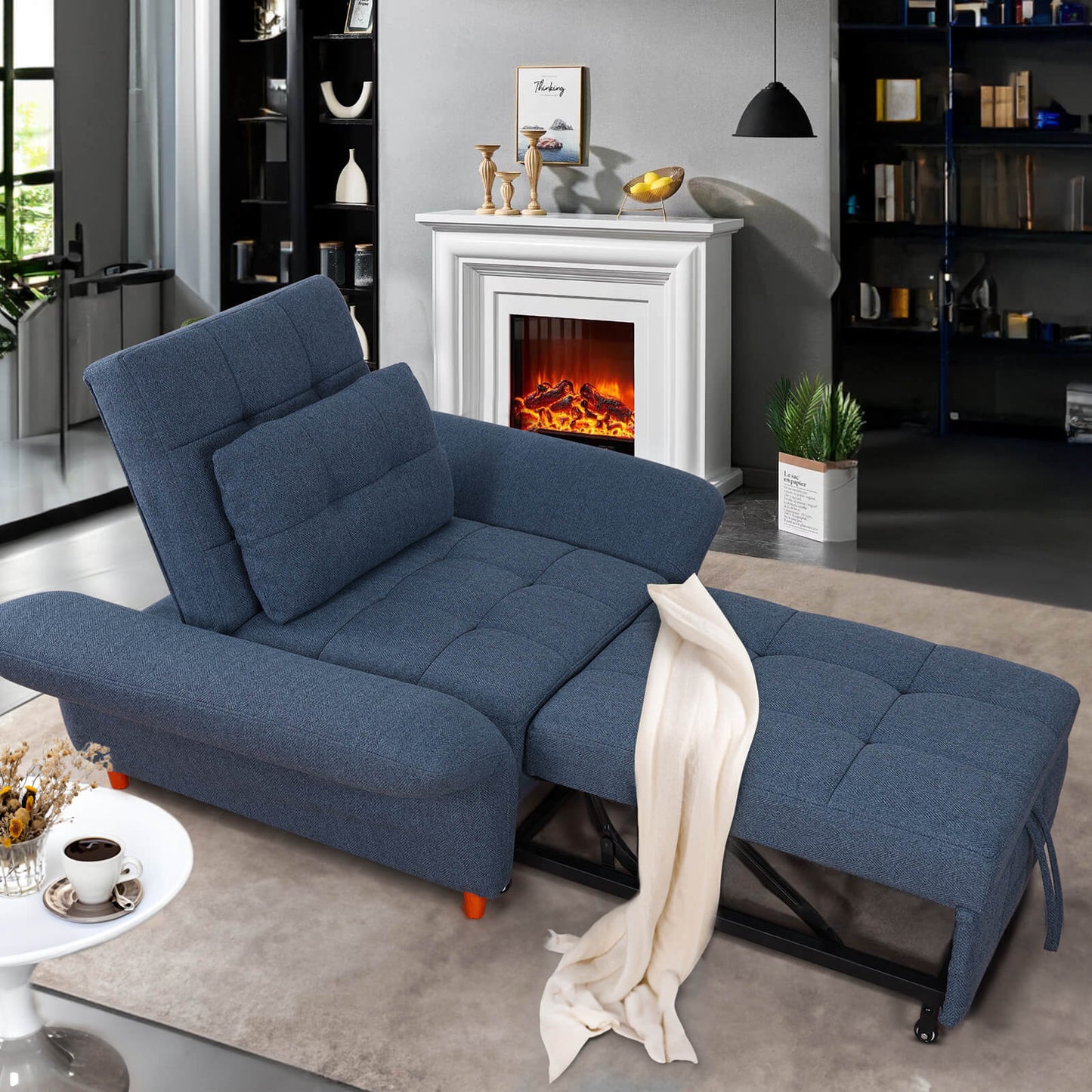3-in-1 Sleeper Sofa Chair Bed w/ Adjustable Armrests, 3 Level Adjustable Backrest, Wood Legs & Pillow, Blue