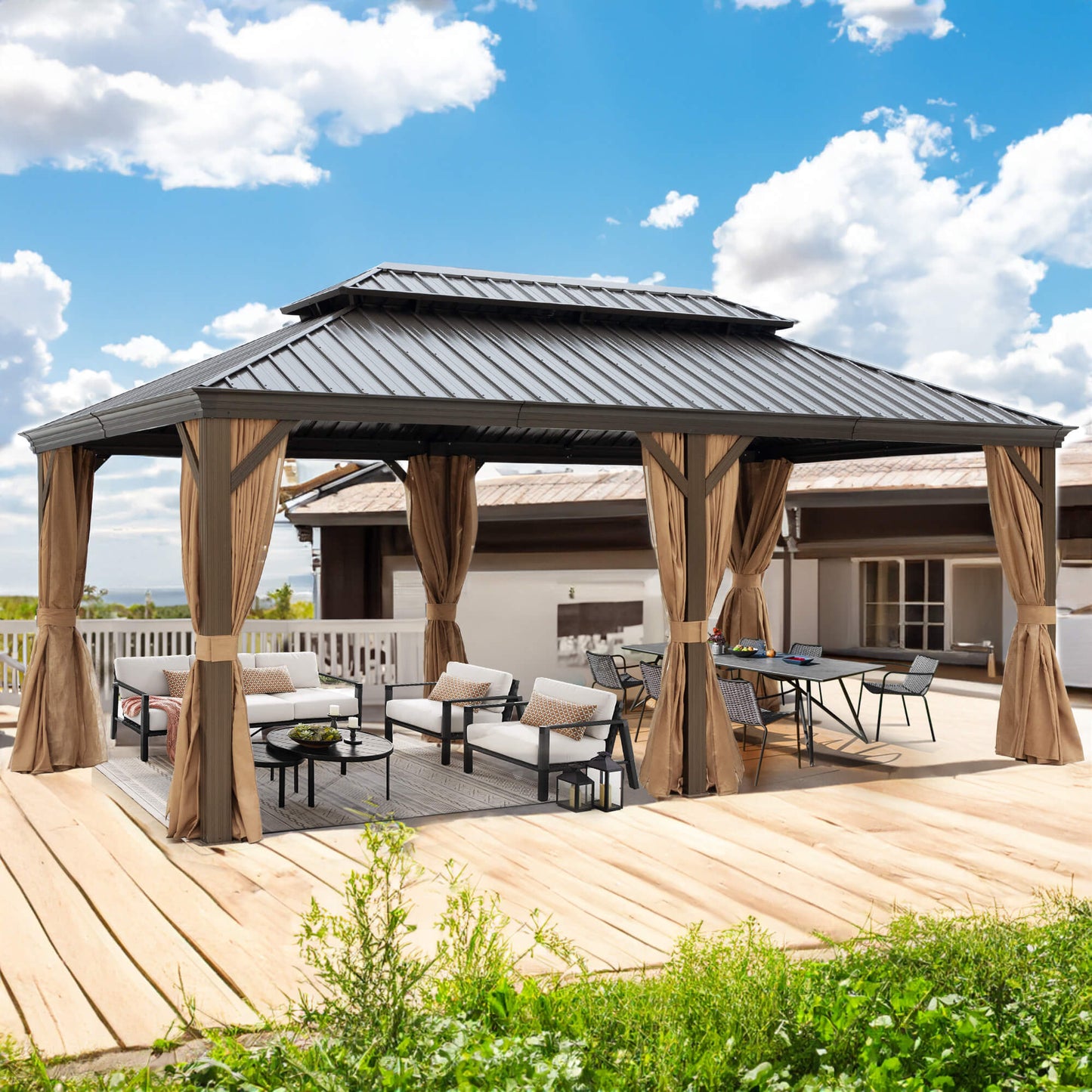 12'x20' Galvanized Steel Hardtop Gazebo Aluminum Frame with Netting & Curtains, Brown