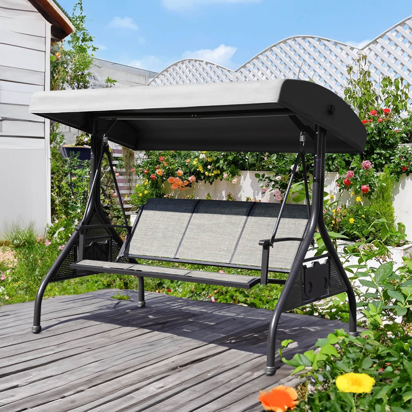 Outdoor Porch Swings with Adjustable Canopy, 3-Person Textline Seat, 2 Foldable Side Trays, Grey