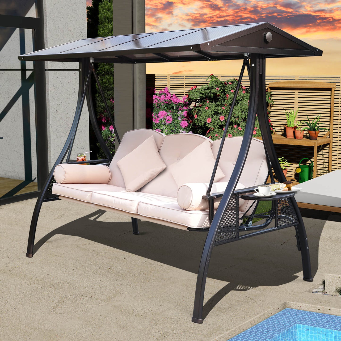 3-Seat Outdoor Porch Swings with Adjustable PC Canopy, 3 Cushions, 2 Foldable Cup Holders & 4 Pillows, Khaki