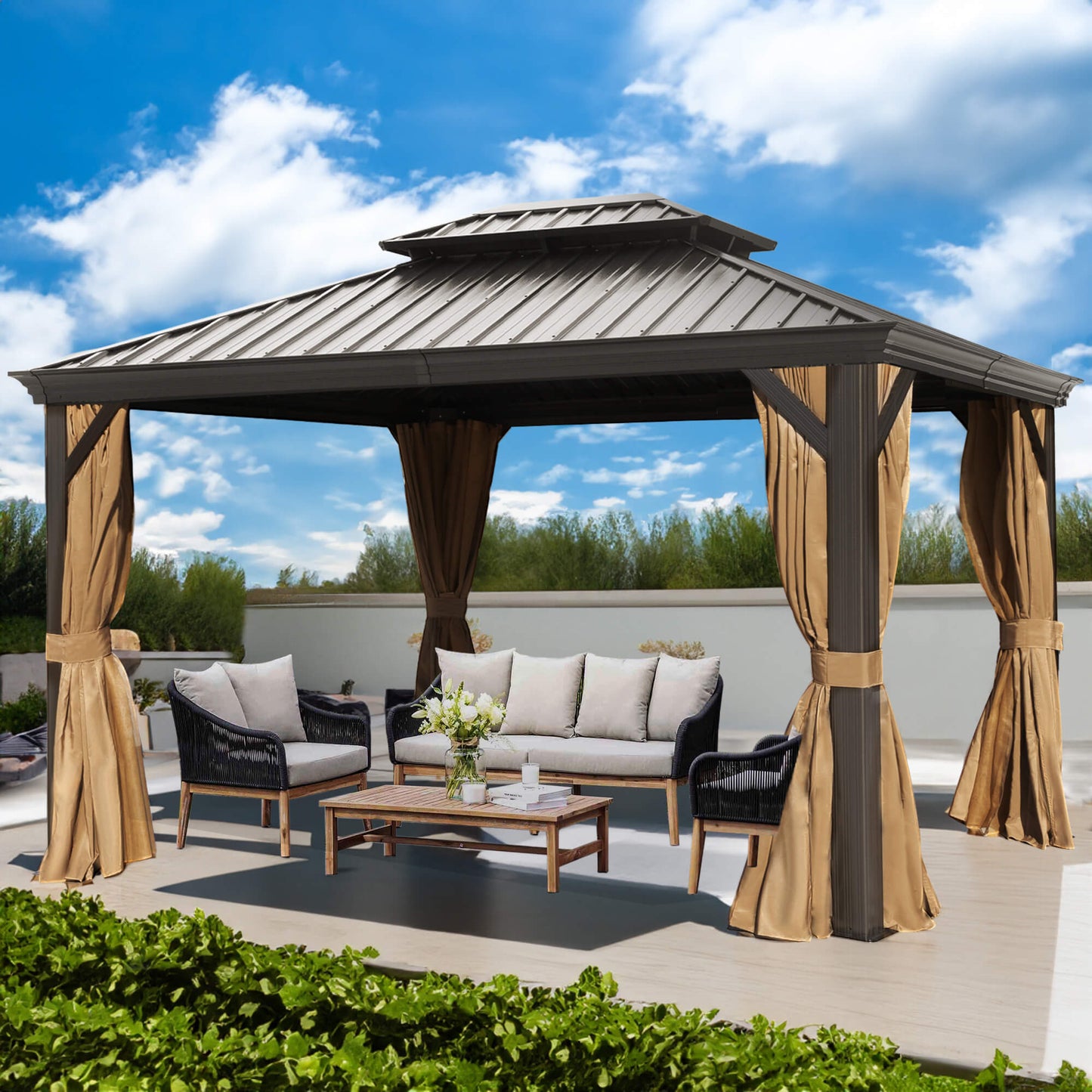 10'x12' Hardtop Gazebo Galvanized Steel Double-Roof Gazebo w/ Netting & Curtain, Brown