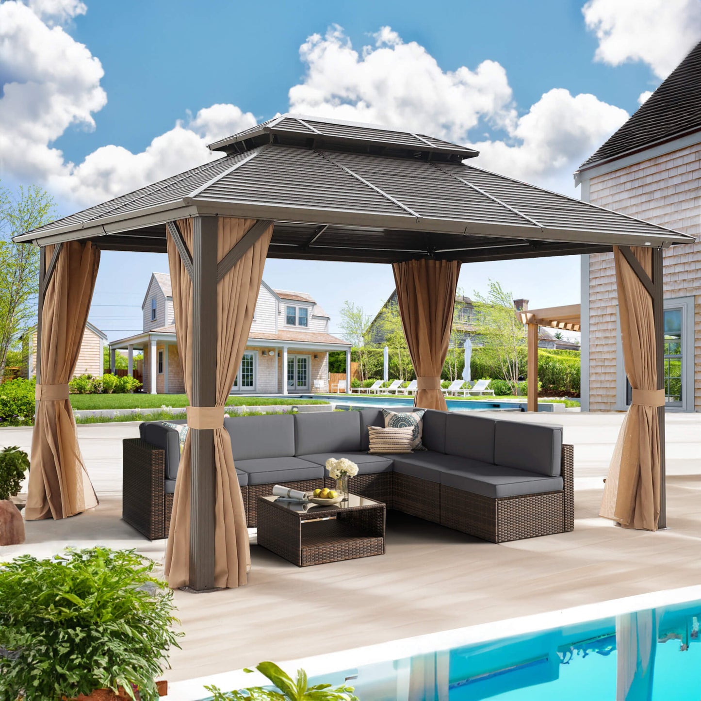 10'x13' Patio Hardtop Gazebos Galvanized Steel Pergola w/ Netting & Curtains